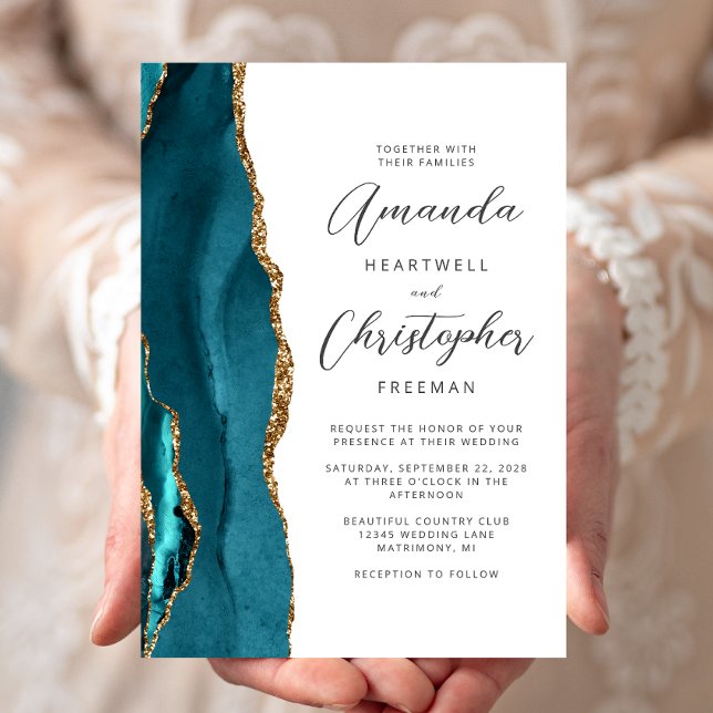 Agate Teal Blue Gold Script Wedding Invitation (Creator Uploaded)