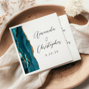Agate Teal Blue Gold Script Wedding Napkin