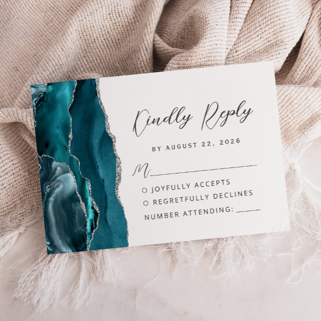 Agate Teal Blue Silver Modern Script Wedding RSVP Card (Creator Uploaded)