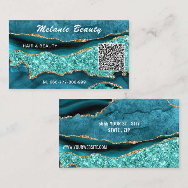 Agate Teal Blue Turquoise QR Code Business Card (Front/Back)