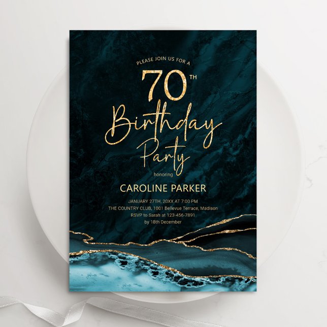 Agate Teal Gold 70th Birthday Invitation (Creator Uploaded)