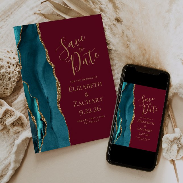 Agate Teal Gold Burgundy Save the Date Announcement (Creator Uploaded)