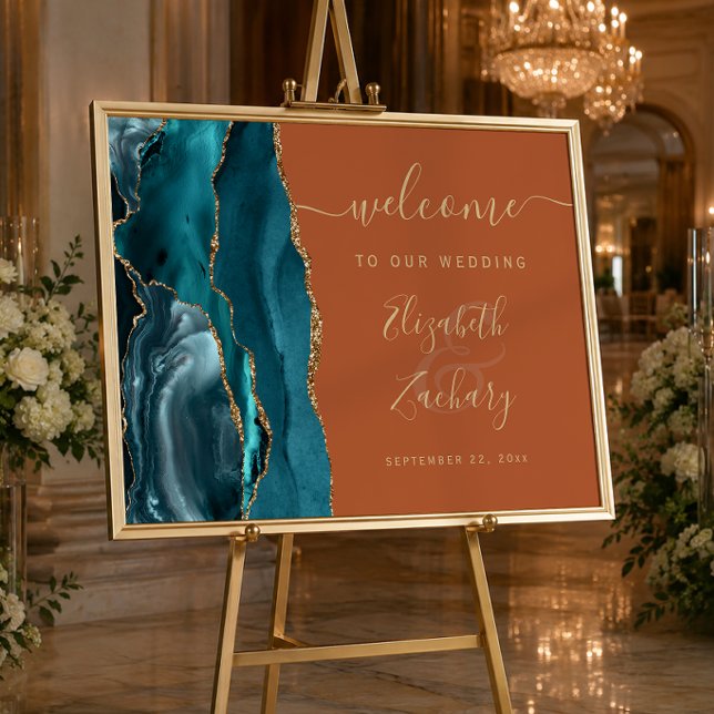 Agate Teal Gold Burnt Orange Wedding Welcome Poster (Creator Uploaded)