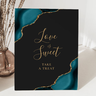 Agate Teal Gold Dark Wedding Love Is Sweet Pedestal Sign