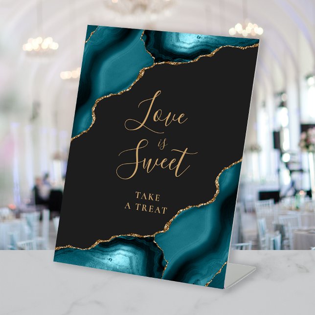 Agate Teal Gold Dark Wedding Love Is Sweet Pedestal Sign (Creator Uploaded)