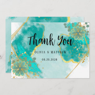 Agate Teal & Gold Floral Wedding Thank You Cards