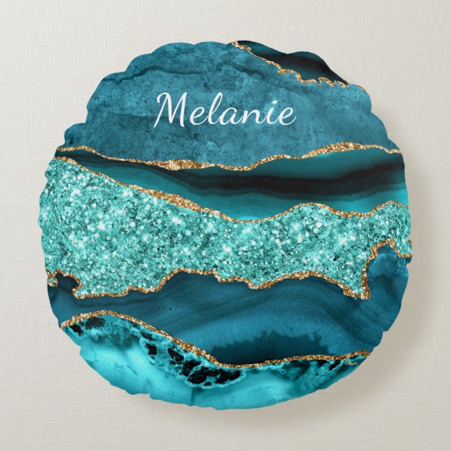 Agate Teal Gold Glitter Aqua Custom Name Pillow (Front)