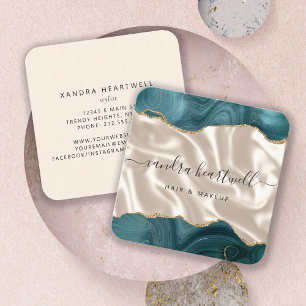 Agate Teal Gold Glitter Ivory Silk Rounded Corners Square Business Card