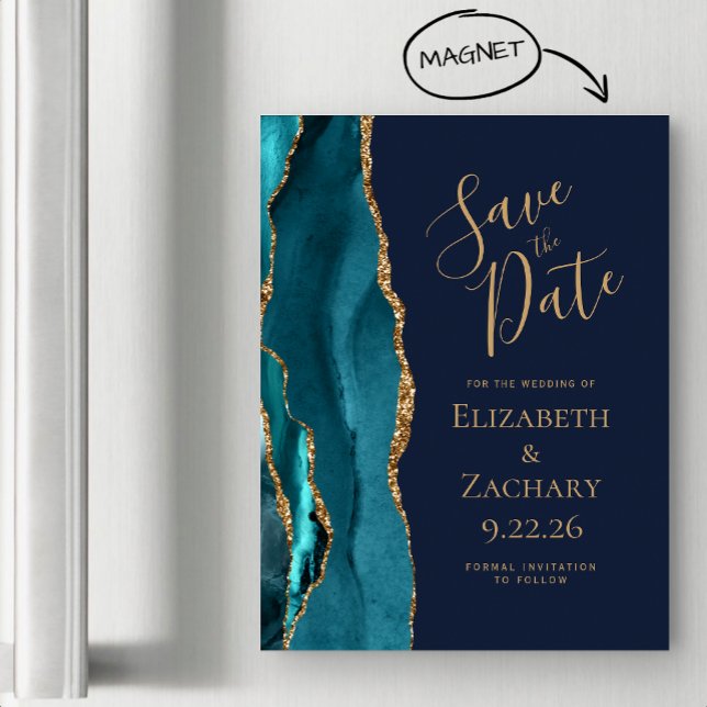 Agate Teal Gold Navy Blue Magnetic Save the Date (Creator Uploaded)