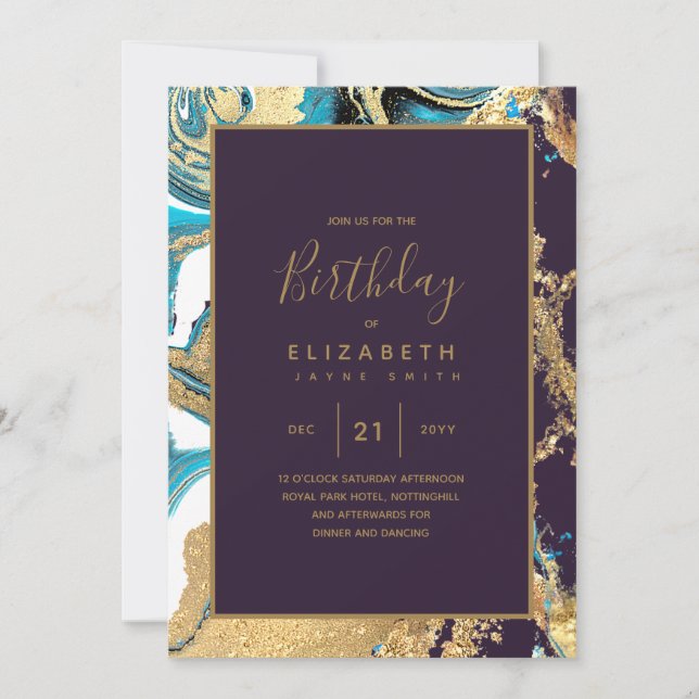  Agate Teal Purple Turquoise Gold Birthday Invite (Front)