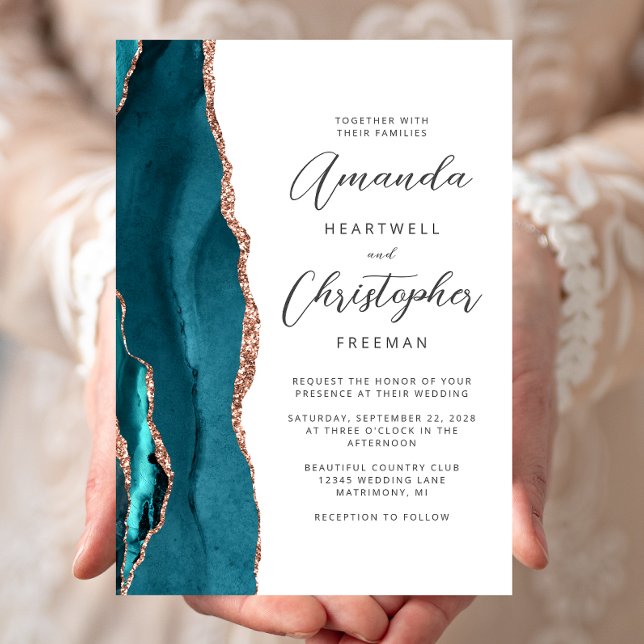 Agate Teal Rose Gold Script Wedding Invitation (Creator Uploaded)