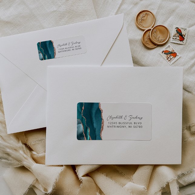Agate Teal Rose Gold Wedding Return Address (Creator Uploaded)