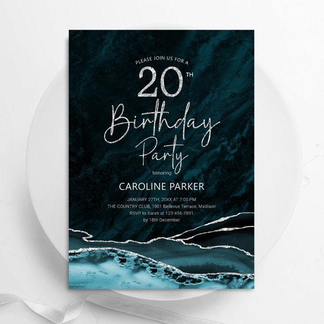 Agate Teal Silver 20th Birthday Invitation (Creator Uploaded)