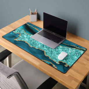 Agate Turquoise Gold Glitter Marble Desk Mat
