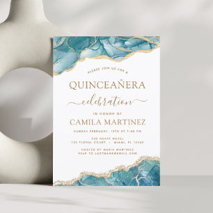 Agate Turquoise Quinceañera Teal Gold Blue Invitat Invitation
