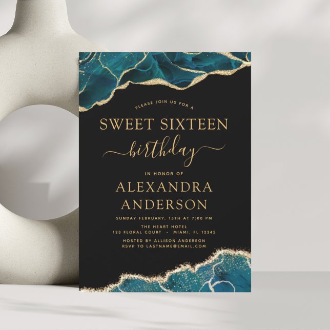 Agate Turquoise Sweet 16 Teal Gold Invitation (Creator Uploaded)