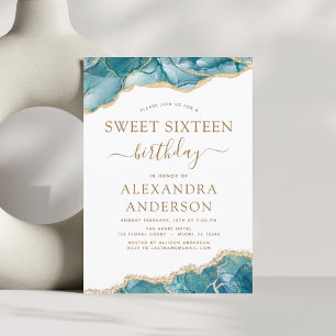 Agate Turquoise Sweet 16 Teal Gold Invitation