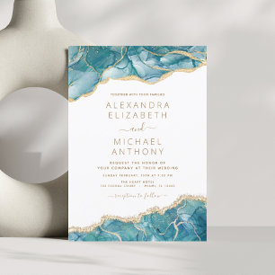 Agate Turquoise Teal Gold Blue Wedding Invitation