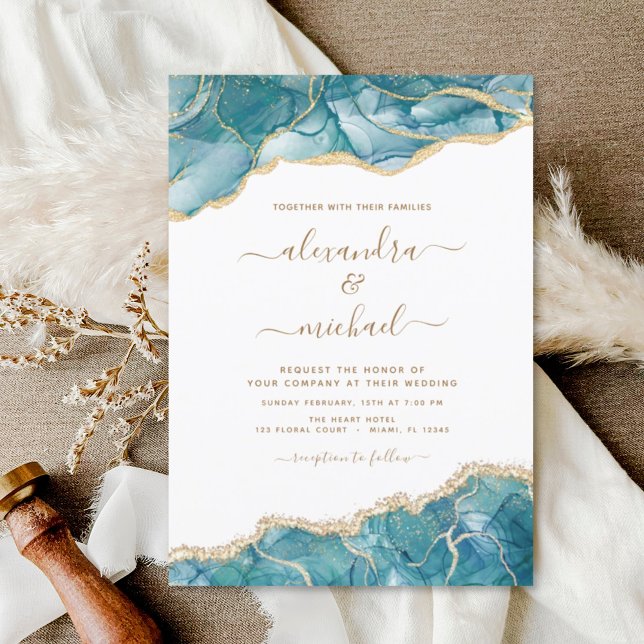 Agate Turquoise Teal Gold Blue Wedding Invitation (Creator Uploaded)