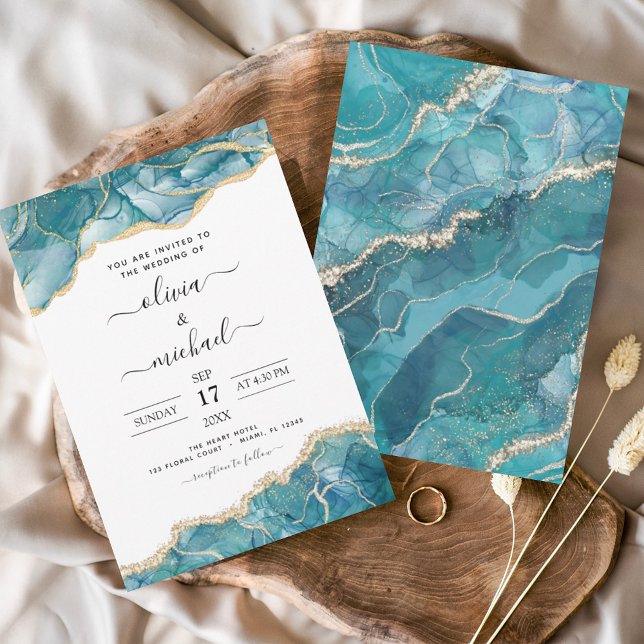 Agate Turquoise Teal Gold Wedding Invitation (Creator Uploaded)