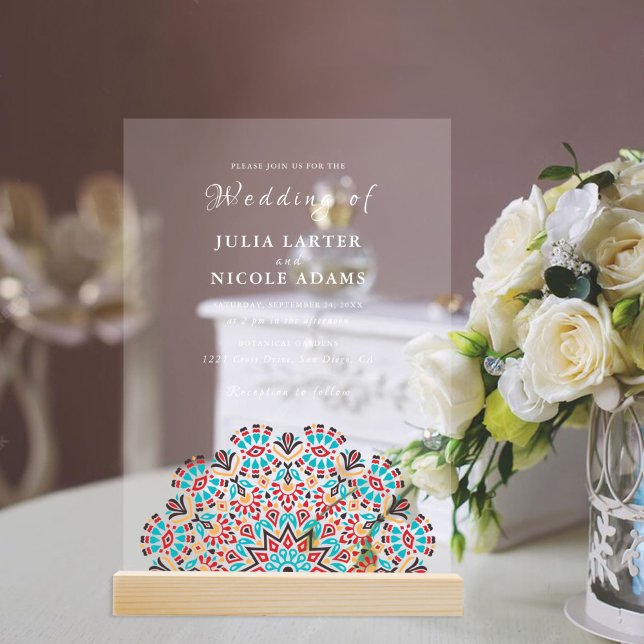 Agate Turquoise Teal & Wine Floral Mandala Wedding Acrylic Invitations (Creator Uploaded)