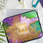 Agate watercolor gold foil purple green monogram laptop sleeve<br><div class="desc">A sparkly, faux gold foil square with a script typography monogram initial overlays a rich, gold veined, purple, green, aqua, and pink agate watercolor background on this elegant, trendy, girly, monogramed neoprene laptop sleeve. Makes a fun and stylish statement every time you use it. This laptop sleeve comes in three...</div>