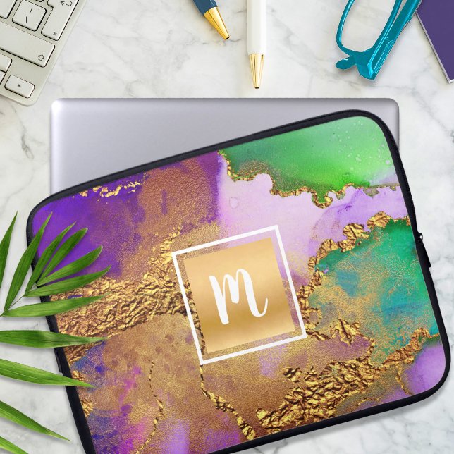 Agate watercolor gold foil purple green monogram laptop sleeve (Creator Uploaded)