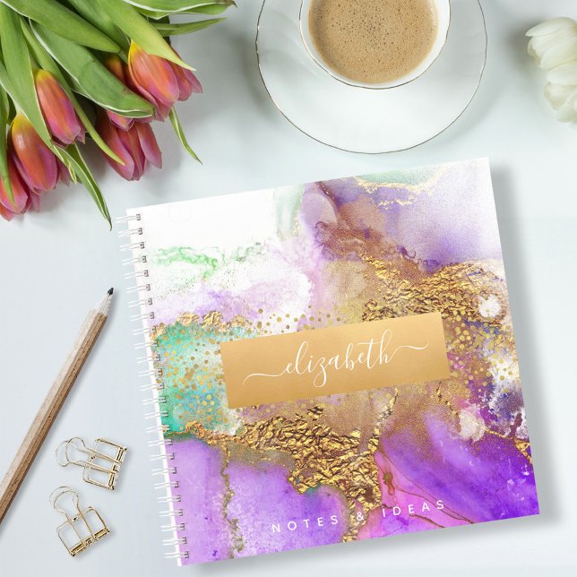 Agate watercolor gold purple aqua chic glam square notebook (Creator Uploaded)