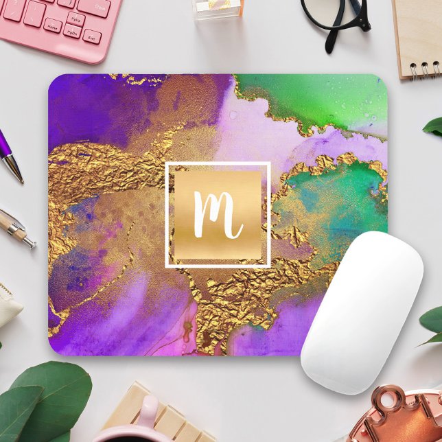 Agate watercolor gold purple aqua green monogram mouse pad (Creator Uploaded)