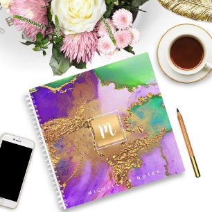 Agate watercolor gold purple aqua monogram square notebook