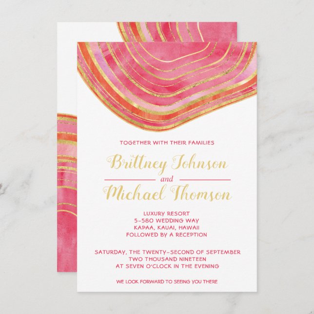 Agate Watercolor in Red Gold Accent Wedding Invitation (Front/Back)