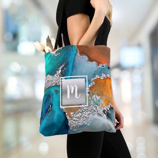 Agate watercolor monogram silver turquoise orange tote bag (Creator Uploaded)