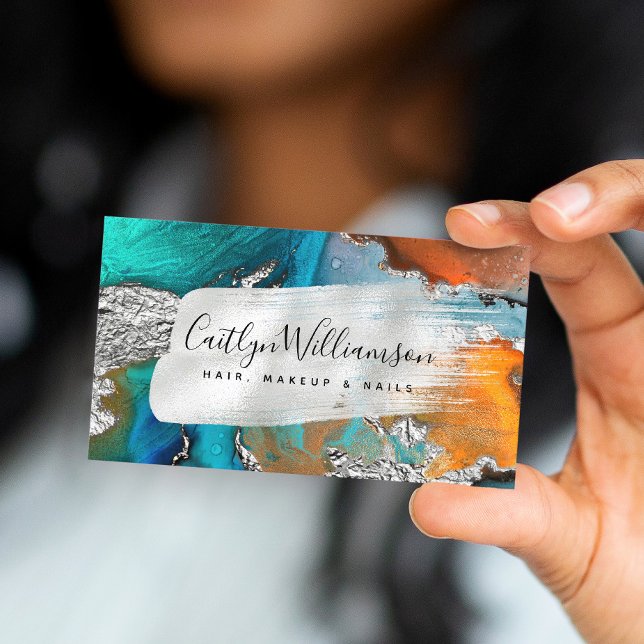 Agate watercolor silver brush turquoise script business card (Creator Uploaded)