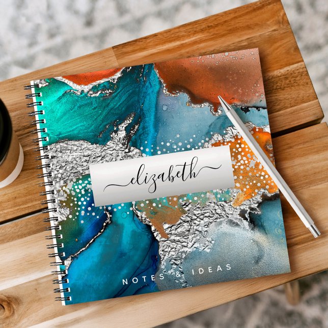 Agate watercolor silver turquoise orange square notebook (Creator Uploaded)