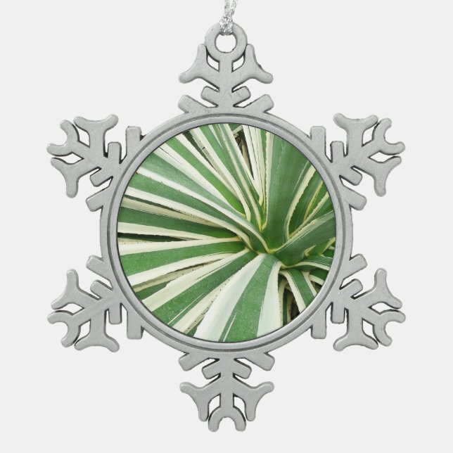 Agave Plant Green and White Striped Snowflake Pewter Christmas Ornament (Front)
