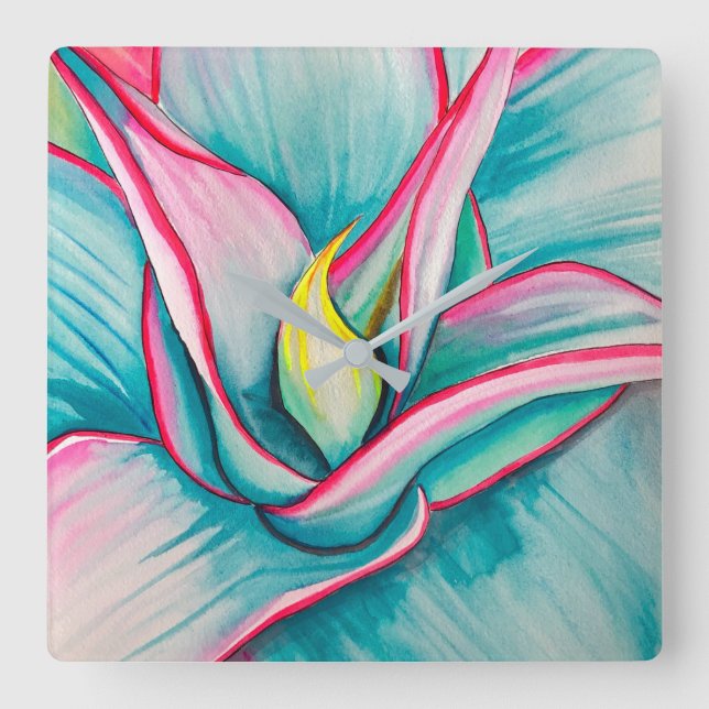 Agave watercolor succulent fine art square wall clock (Front)