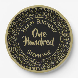Age 100 Scattered Number Pattern Black/Gold Paper Plate