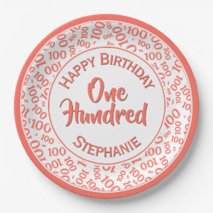 Age 100 Scattered Number Pattern Coral/White Paper Plate