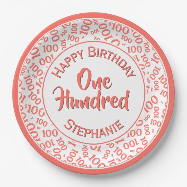 Age 100 Scattered Number Pattern Coral/White Paper Plate (Front)