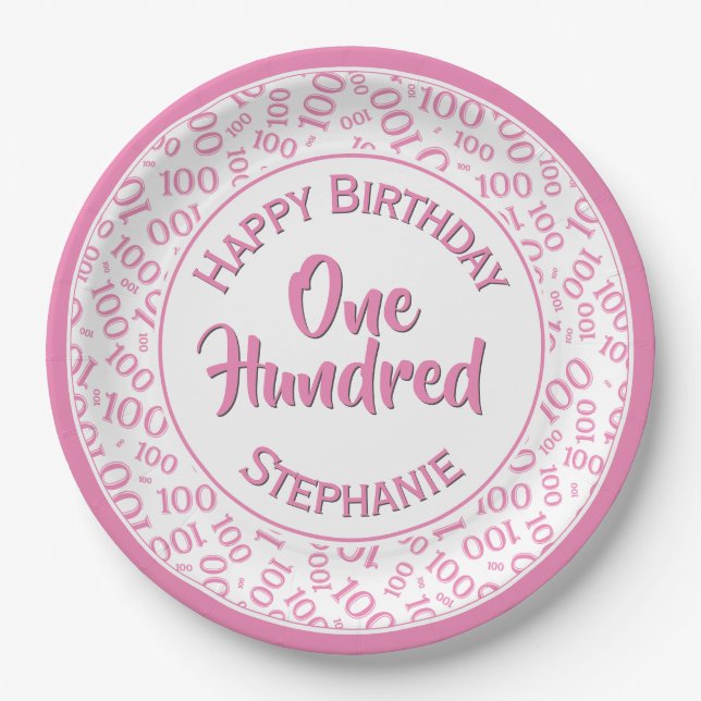 Age 100 Scattered Number Pattern Pink/White Paper Plate (Front)