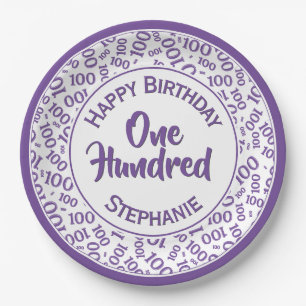 Age 100 Scattered Number Pattern Purple/White Paper Plate