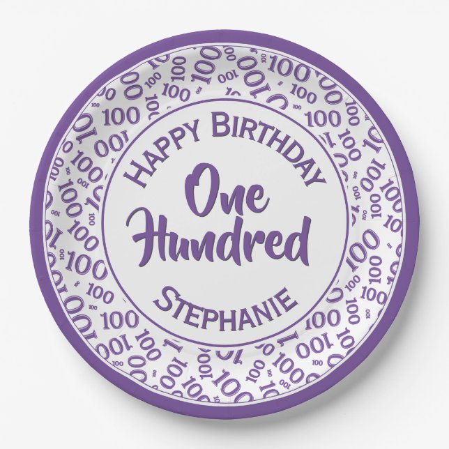 Age 100 Scattered Number Pattern Purple/White Paper Plate (Front)