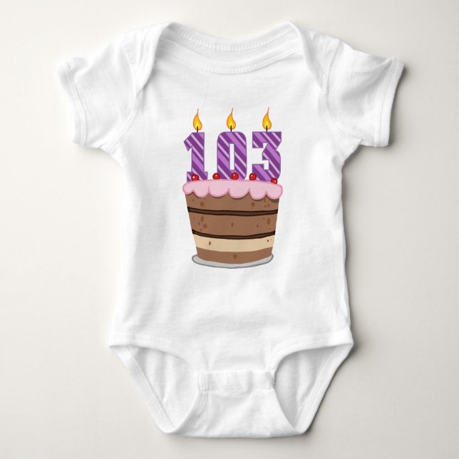 Age 103 on Birthday Cake Baby Bodysuit (Front)