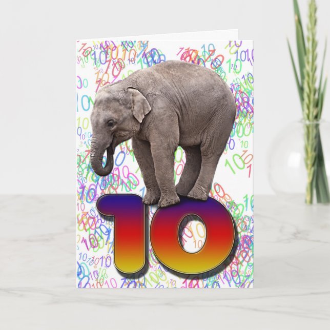 Age 10, a happy elephants birthday card (Front)