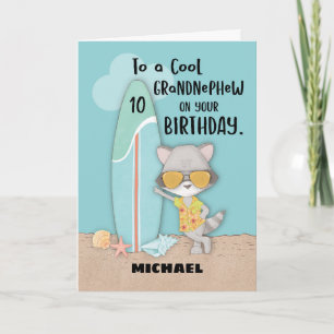 Age 10 Grandnephew Birthday Beach Funny Racoon Card