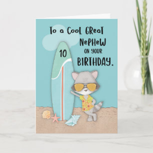 Age 10 Great Nephew Birthday Beach Funny Racoon Card