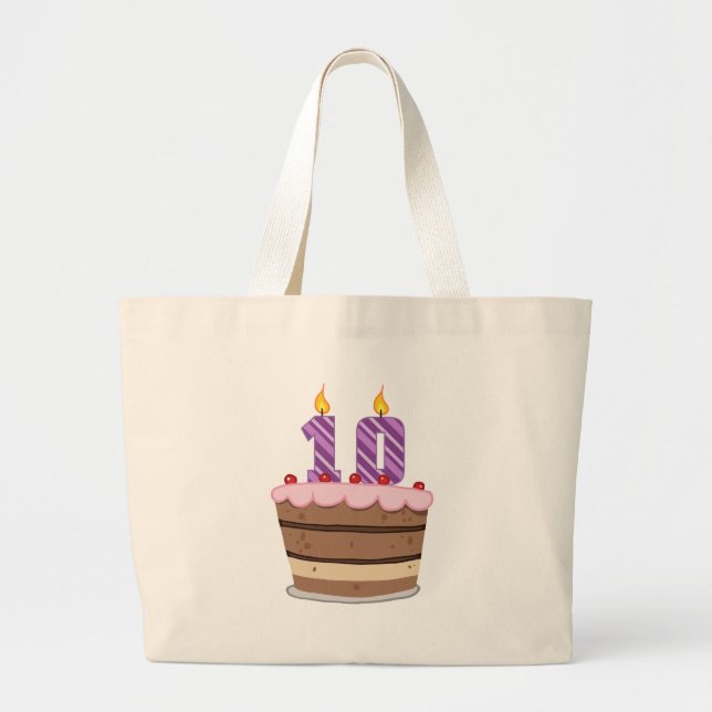 Age 10 on Birthday Cake Large Tote Bag (Front)