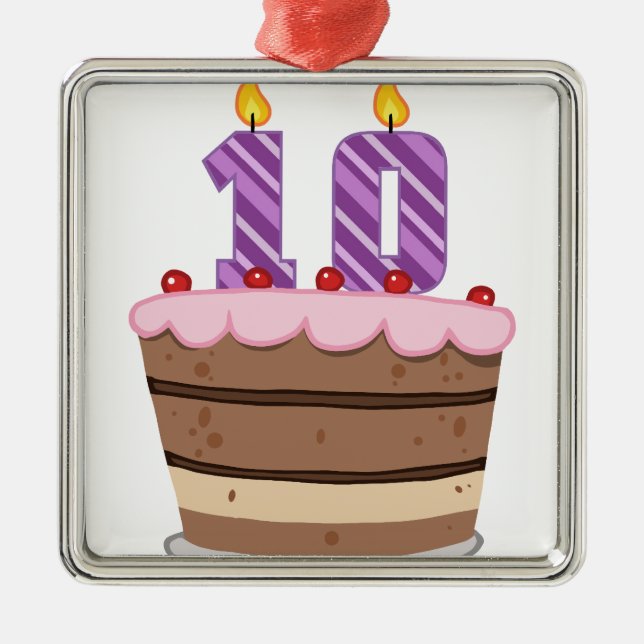 Age 10 on Birthday Cake Metal Tree Decoration (Front)