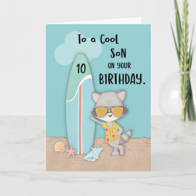 Age 10 Son Birthday Beach Funny Cool Racoon  Card (Front)