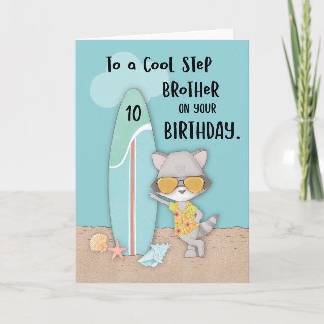 Age 10 Step Brother Birthday Beach Funny Raccon Card (Front)